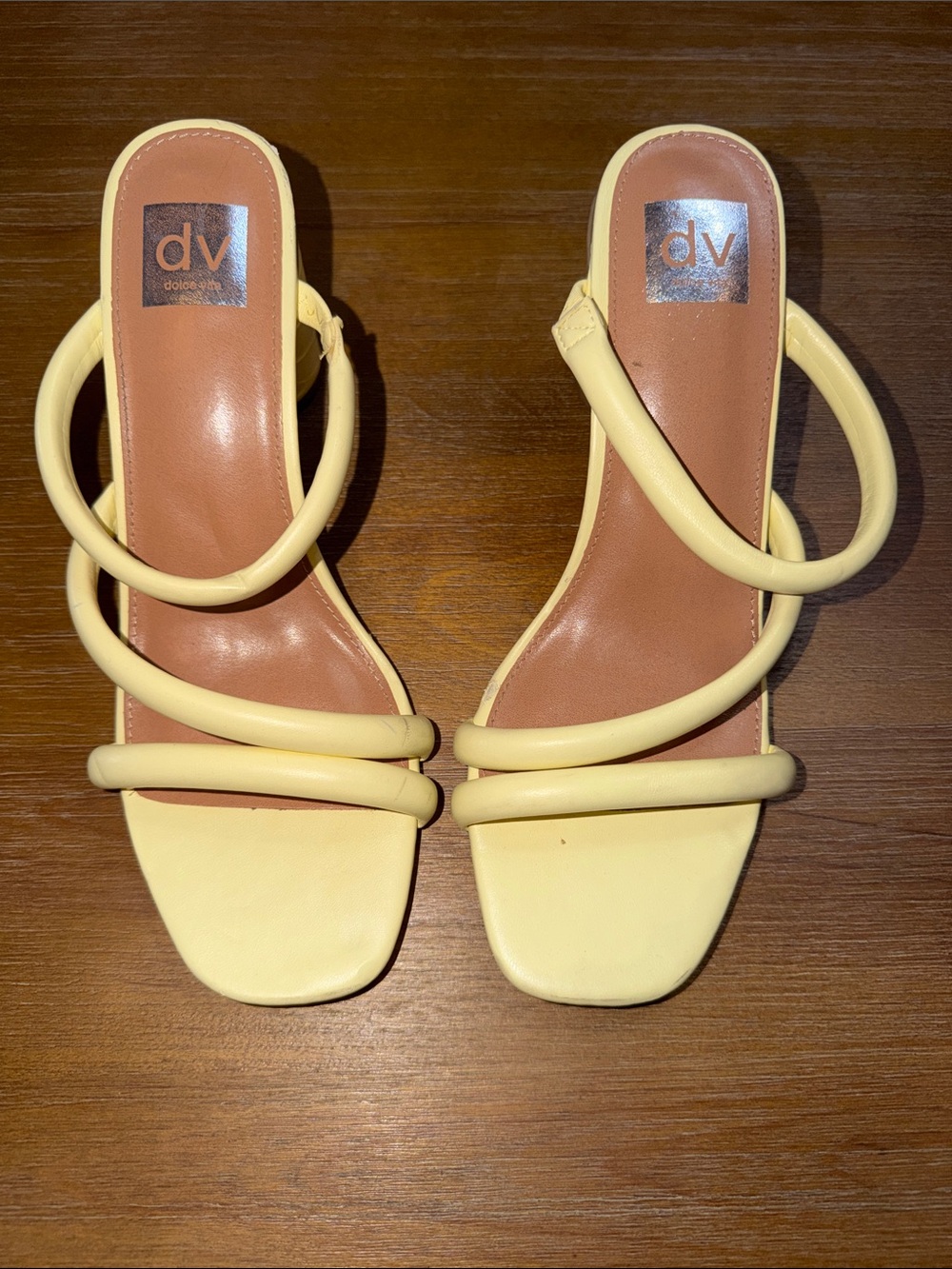 DV by Dolce Vita Pale Yellow Triple-Strap Square Toe Heeled Sandals